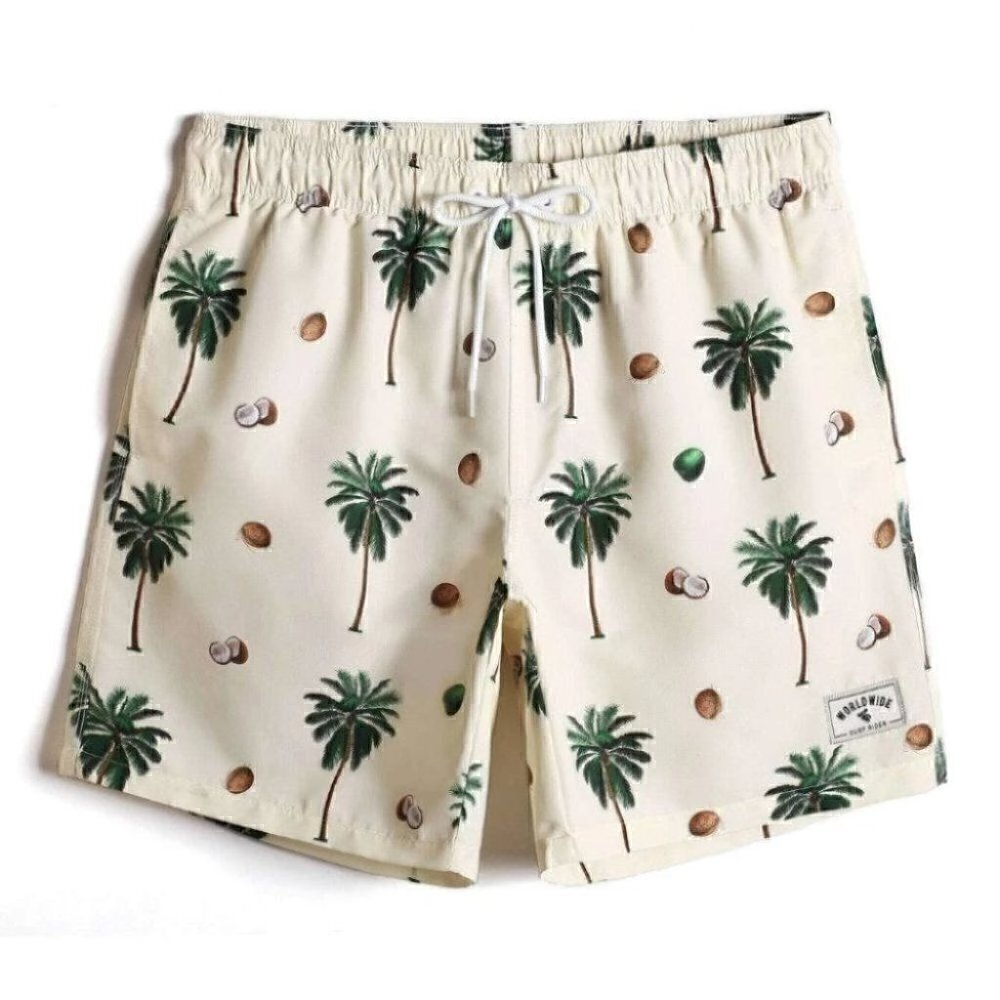 Cream Vacation Style Men's Coconut Tree Print Swim Trunks